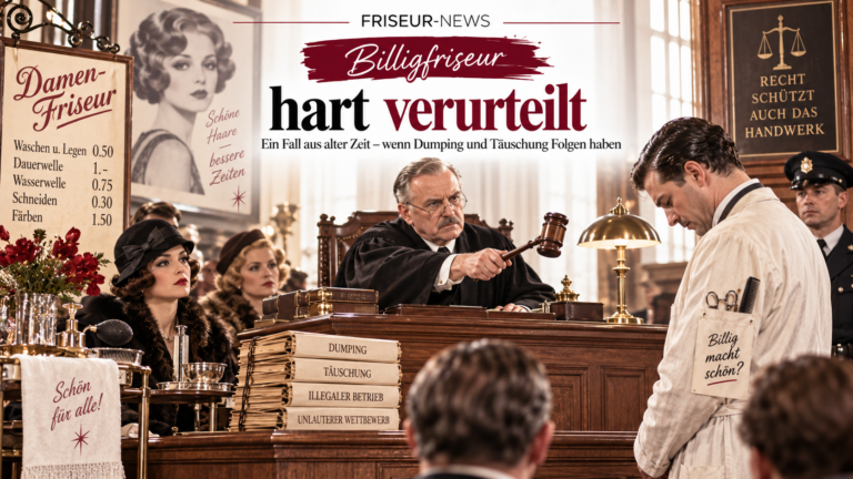 Historische Gerichtsszene mit Richter und Friseur zum Fall eines Billigfriseurs