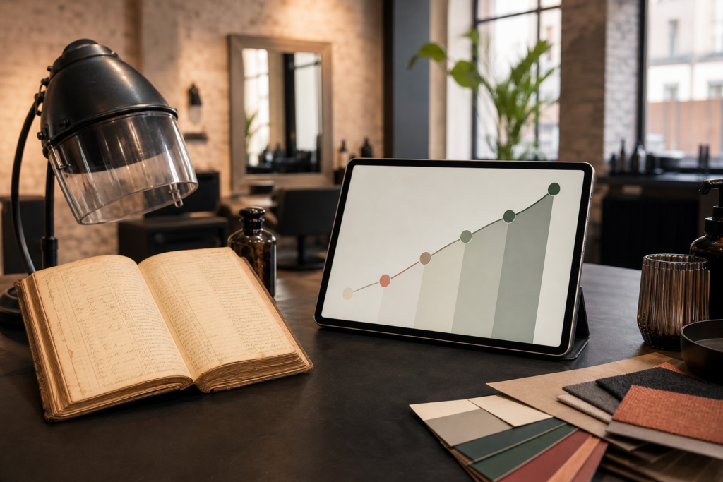 Historisches Geschäftsbuch und moderne grafische Entwicklung im Friseursalon.