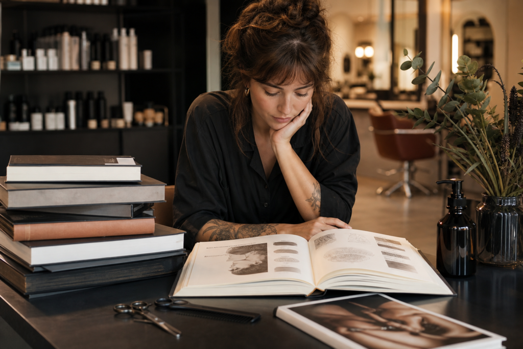 Friseurin studiert Fachliteratur zu Haar, Schnitt und Gestaltung.