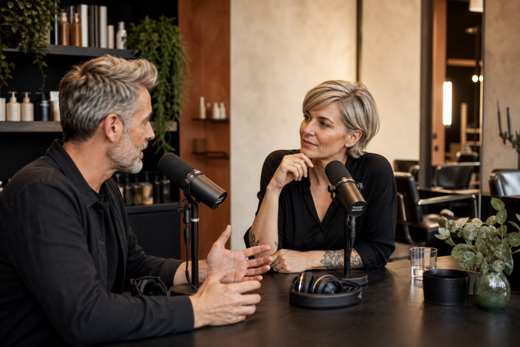 Zwei Friseurprofis führen ein Podcastgespräch im Salon.