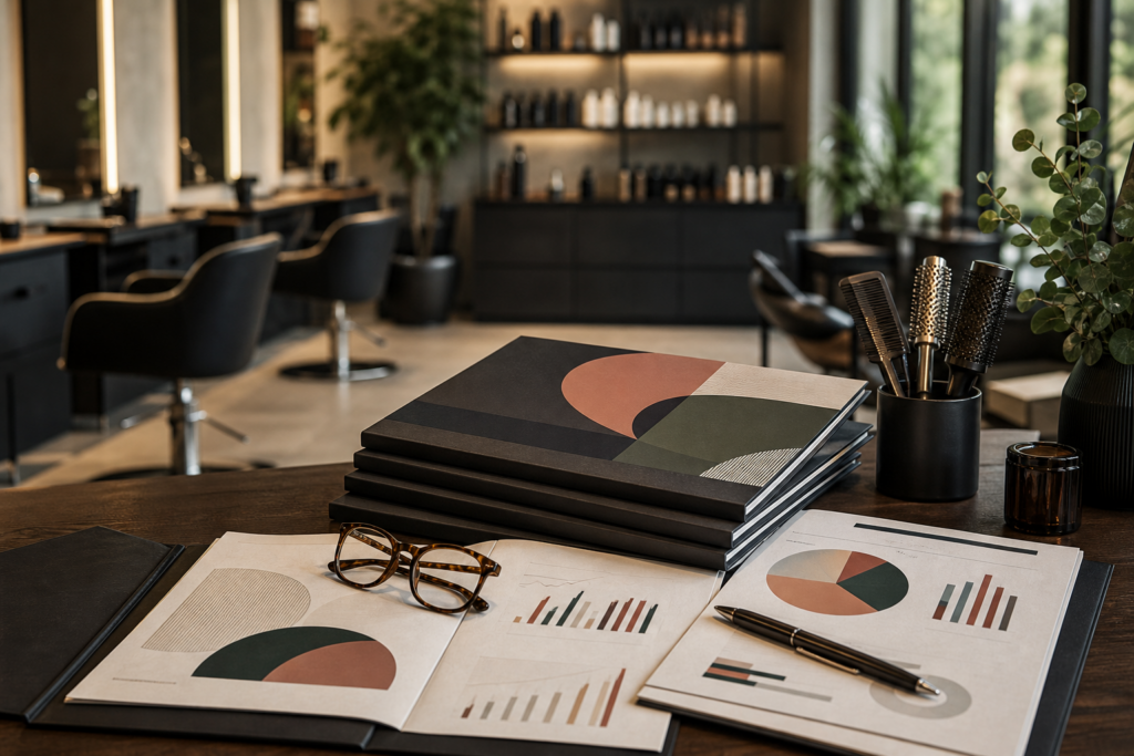 Geordnete Jahresberichte mit grafischen Auswertungen im Friseursalon.