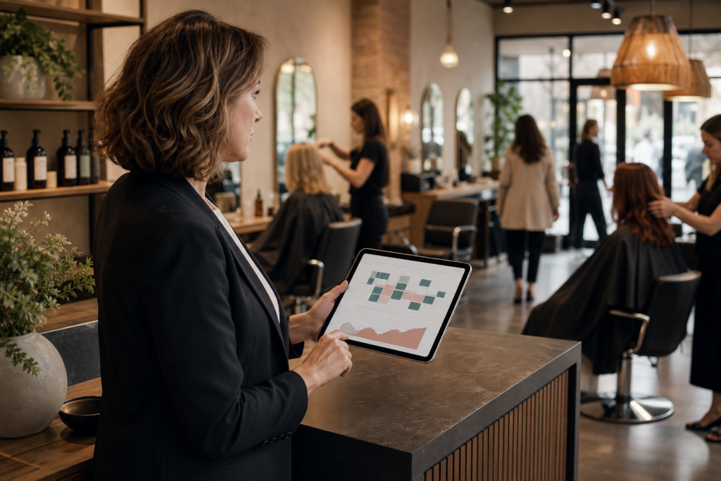 Salonmanagerin analysiert Kundenfrequenz und Preisentwicklung im laufenden Salonbetrieb.