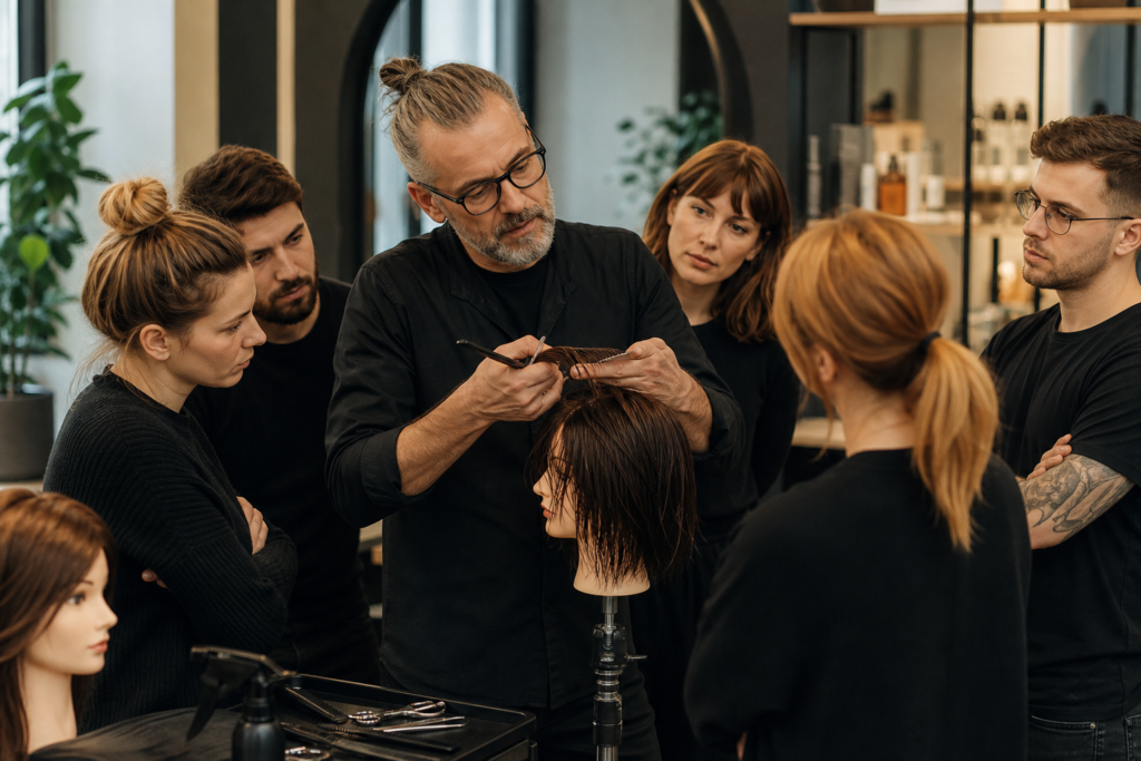 Friseurtrainer demonstriert einer Gruppe eine professionelle Schnitttechnik.