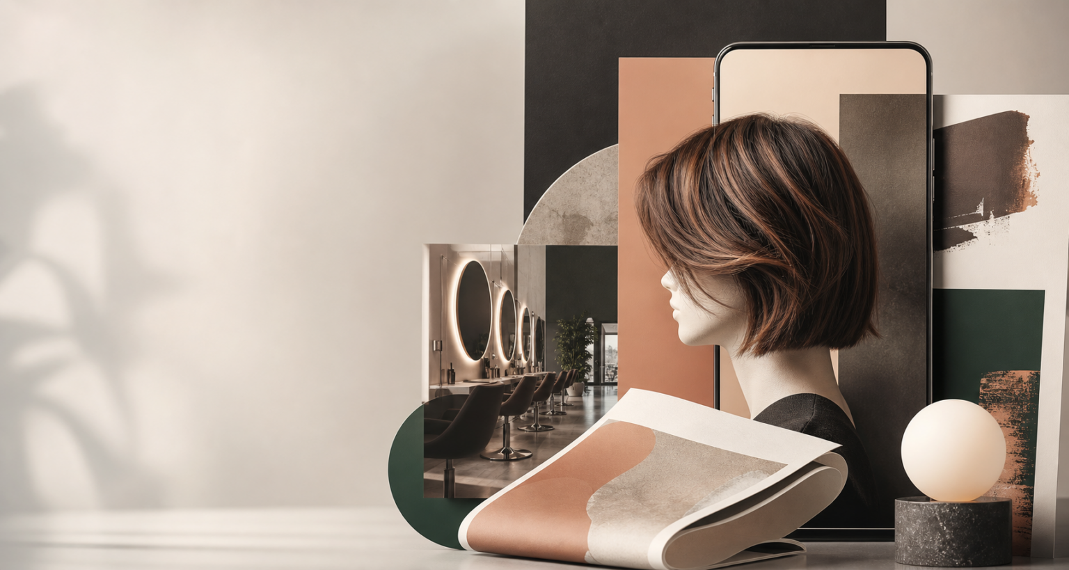 Editoriales Motiv zu moderner Friseur-Werbung mit Salon, Frisur und digitalen sowie gedruckten Medien