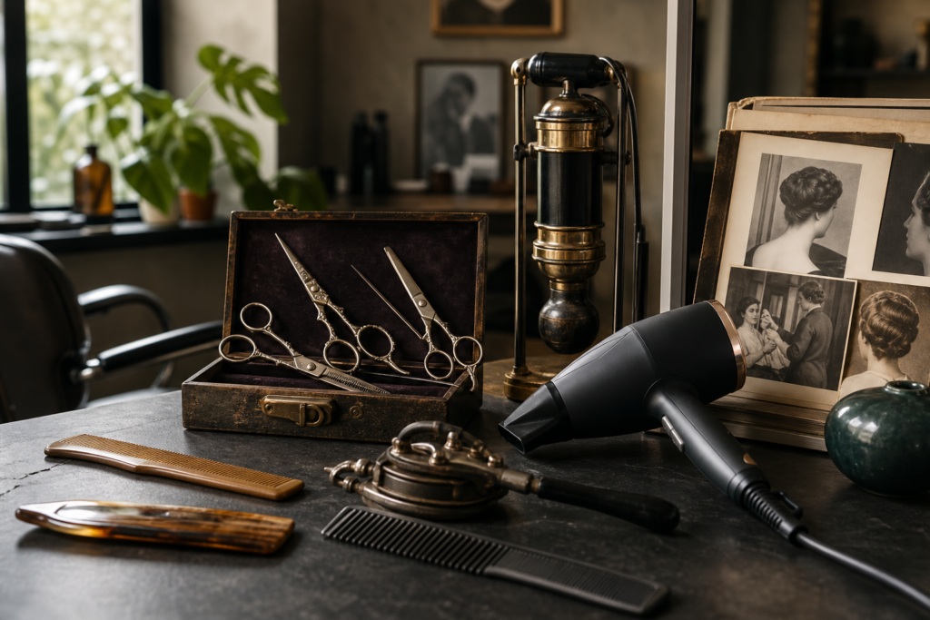 Historische und moderne Werkzeuge des Friseurhandwerks in einer Salon-Szenerie.