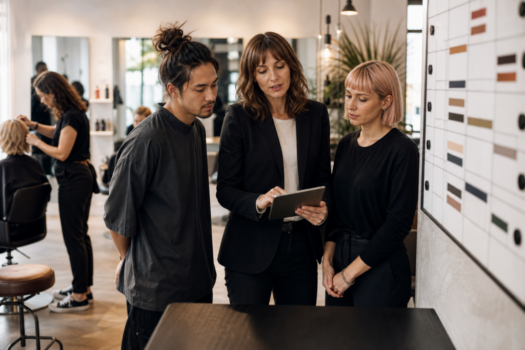 Salonmanagerin koordiniert mit ihrem Team die Abläufe im Friseursalon.