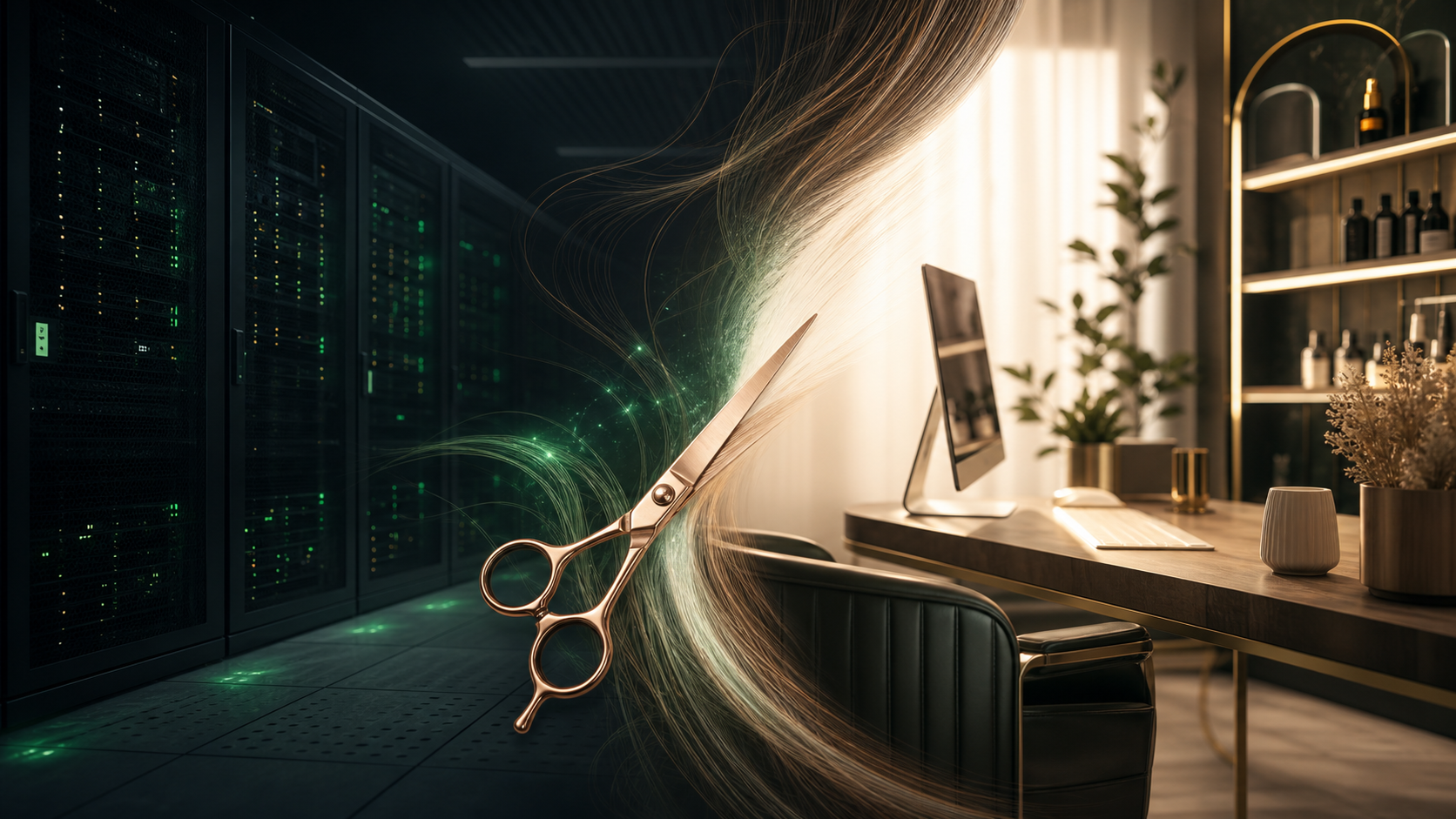 Servertechnik und Friseursalon als Symbol für den Wiederaufbau von Friseur-News