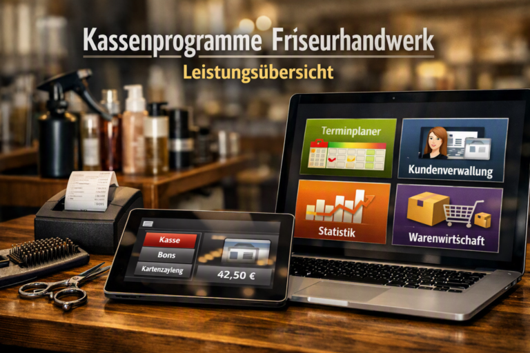 Kassensoftware im Friseursalon mit Leistungsübersicht für Terminplanung, Kundenverwaltung, Statistik und Warenwirtschaft
