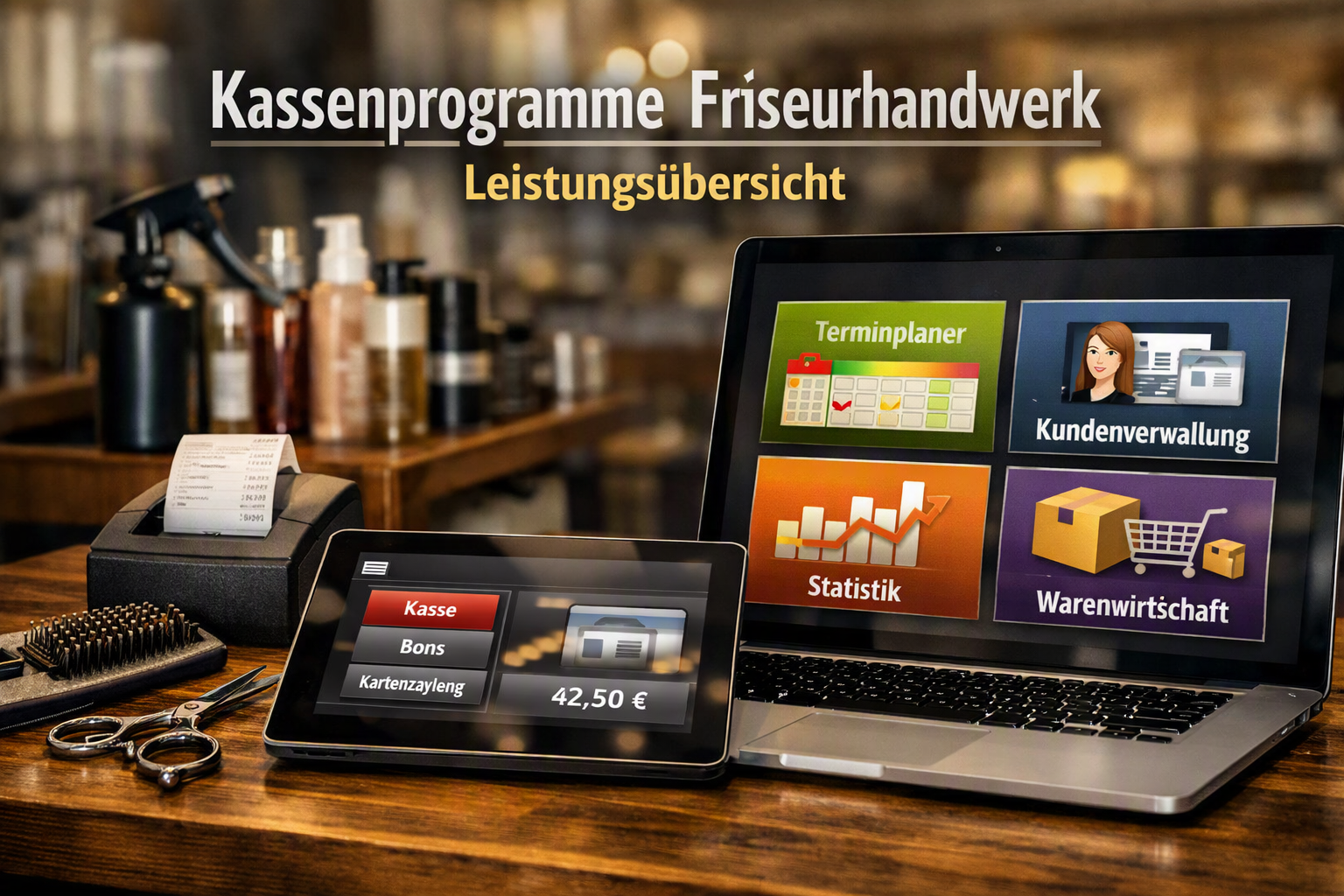 Kassensoftware im Friseursalon mit Leistungsübersicht für Terminplanung, Kundenverwaltung, Statistik und Warenwirtschaft