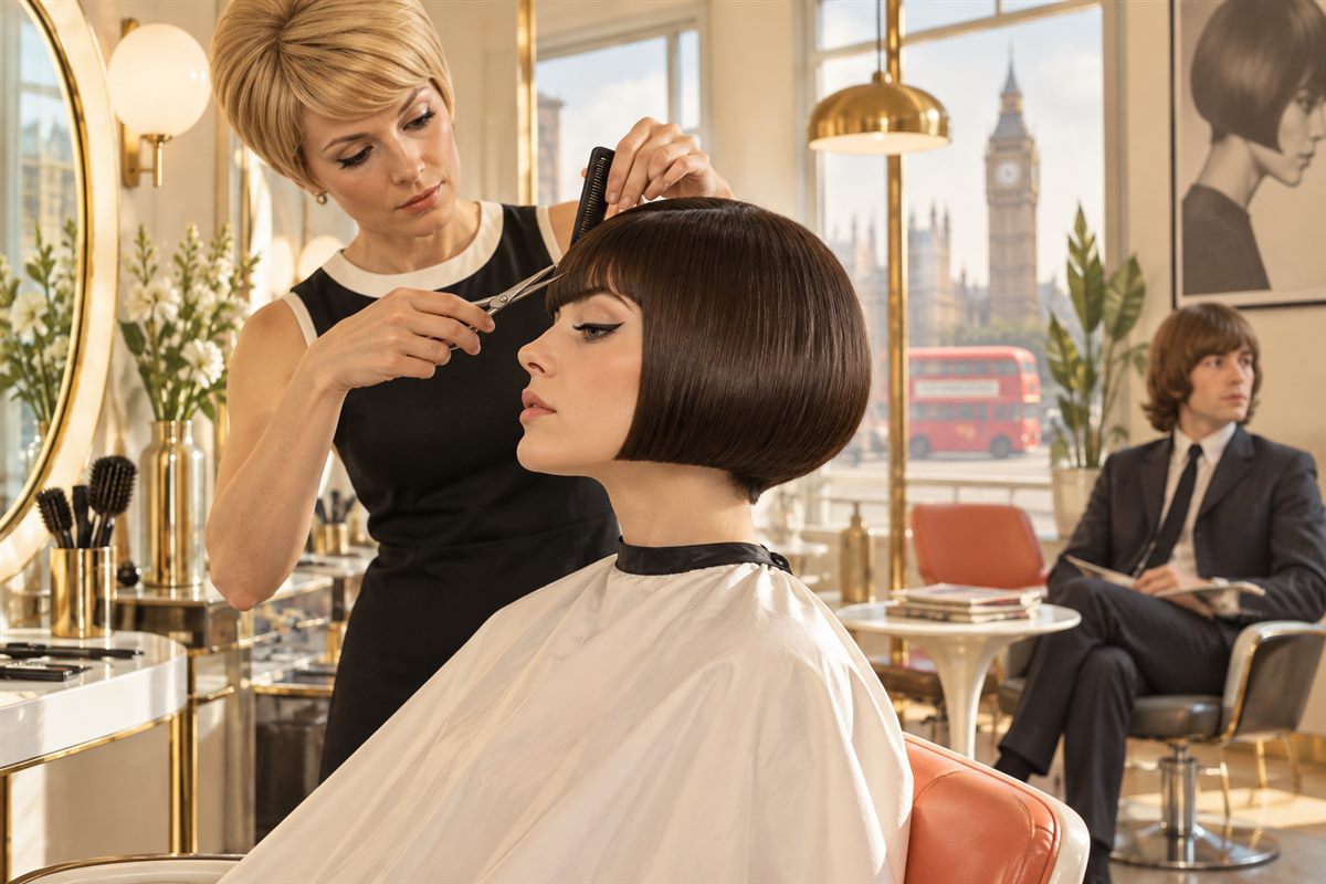 Friseurin vollendet einen geometrischen Kurzhaarschnitt in einem hellen Salon der 1960er Jahre