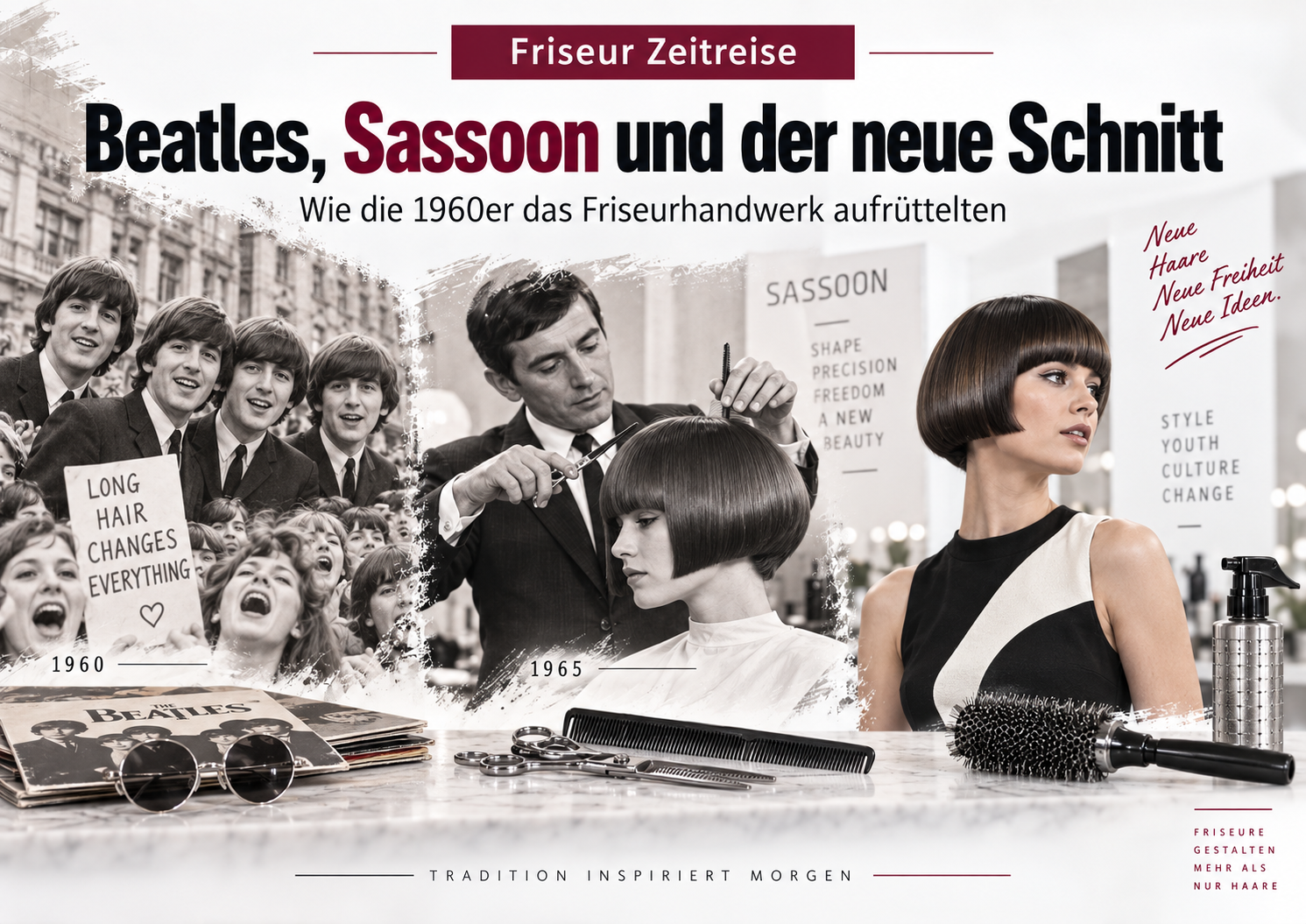 Collage aus Beatles, Vidal Sassoon und Bob-Frisuren der 1960er Jahre
