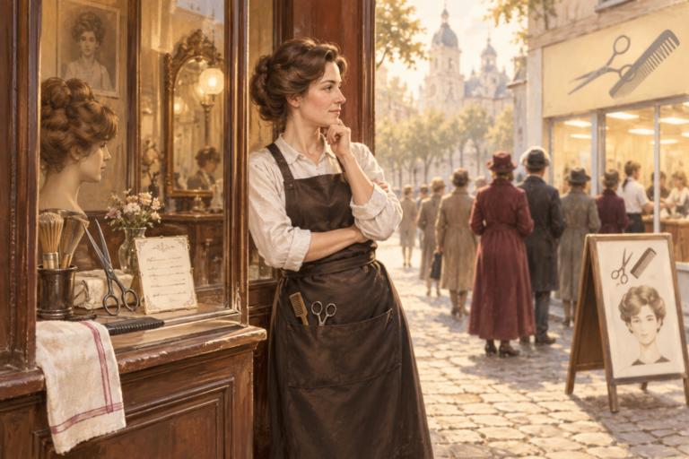 Friseurin blickt nachdenklich auf einen preisgünstigen Salon in einer historischen Straßenszene