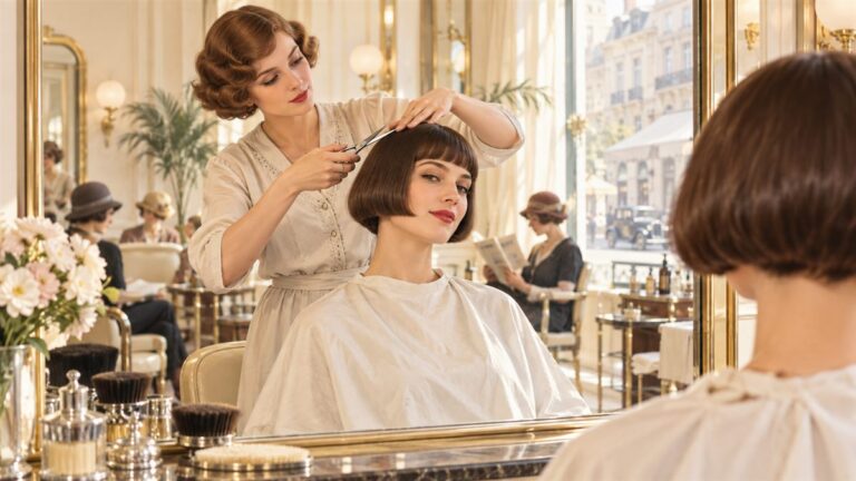 Friseurin schneidet einer Kundin einen Bubikopf in einem hellen Salon der 1920er Jahre