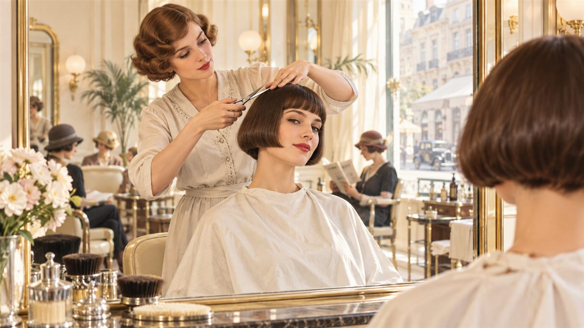 Friseurin schneidet einer Kundin einen Bubikopf in einem hellen Salon der 1920er Jahre