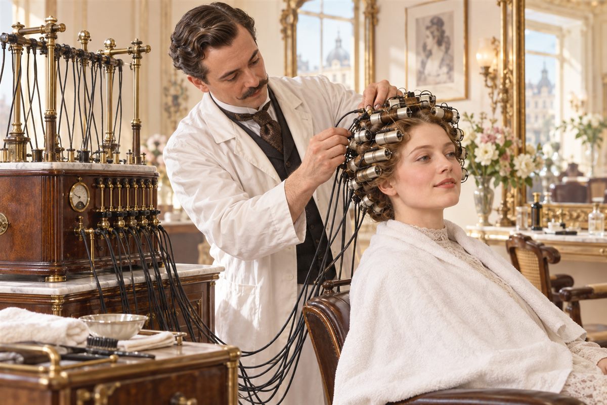 Friseur setzt eine frühe Dauerwelle mit historischem Nessler-Apparat in einem hellen Salon