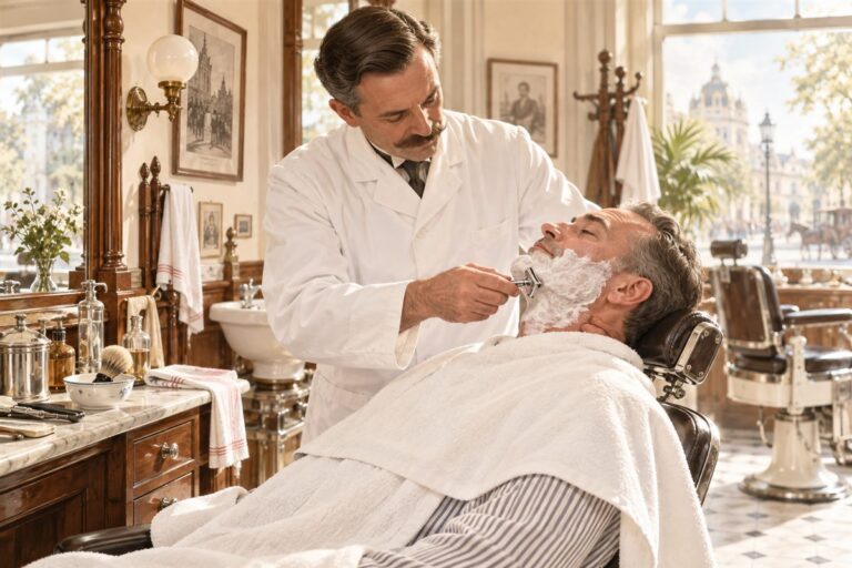 Barbier rasiert einen Kunden mit einem Rasierhobel in einem hellen historischen Barbershop