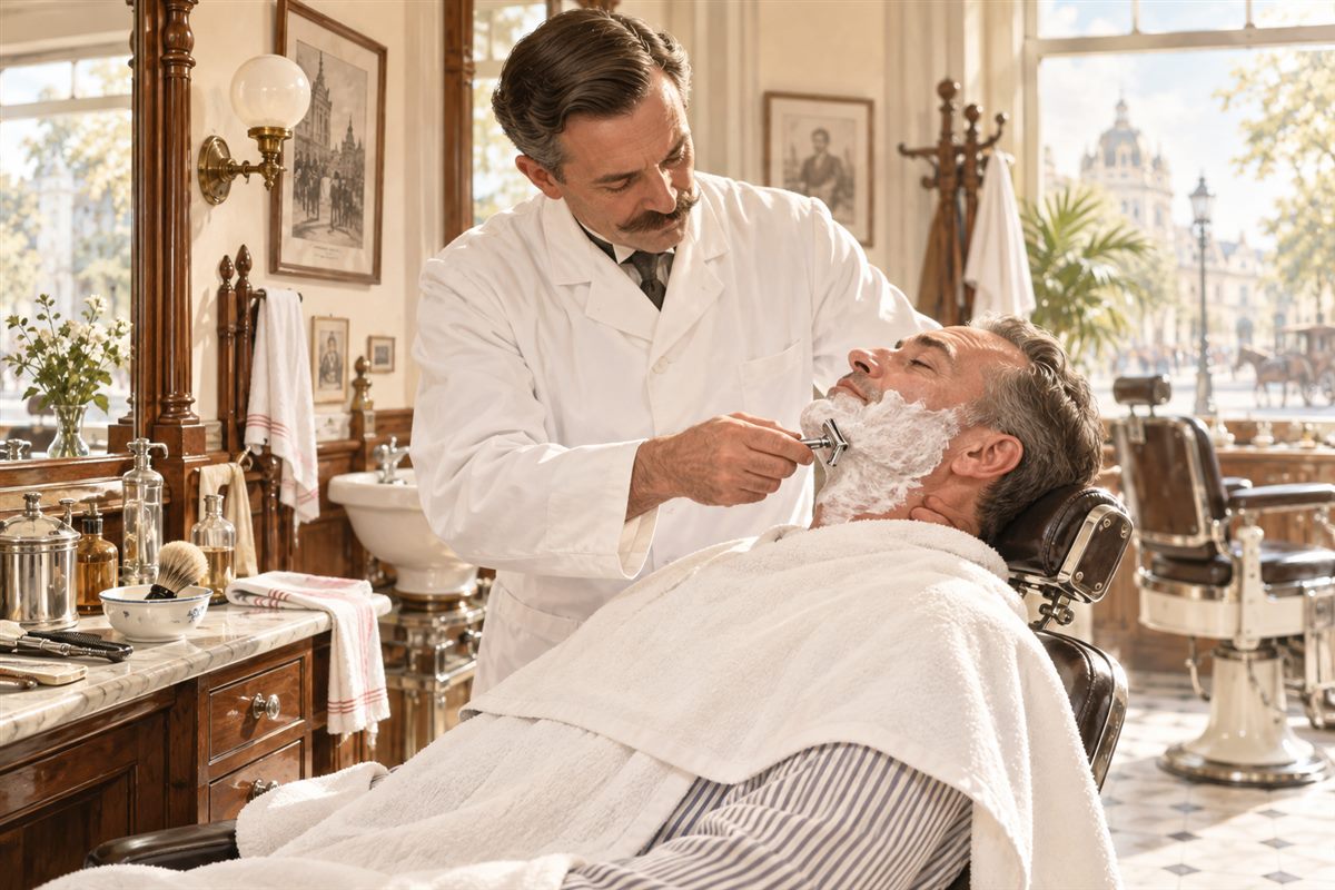 Barbier rasiert einen Kunden mit einem Rasierhobel in einem hellen historischen Barbershop