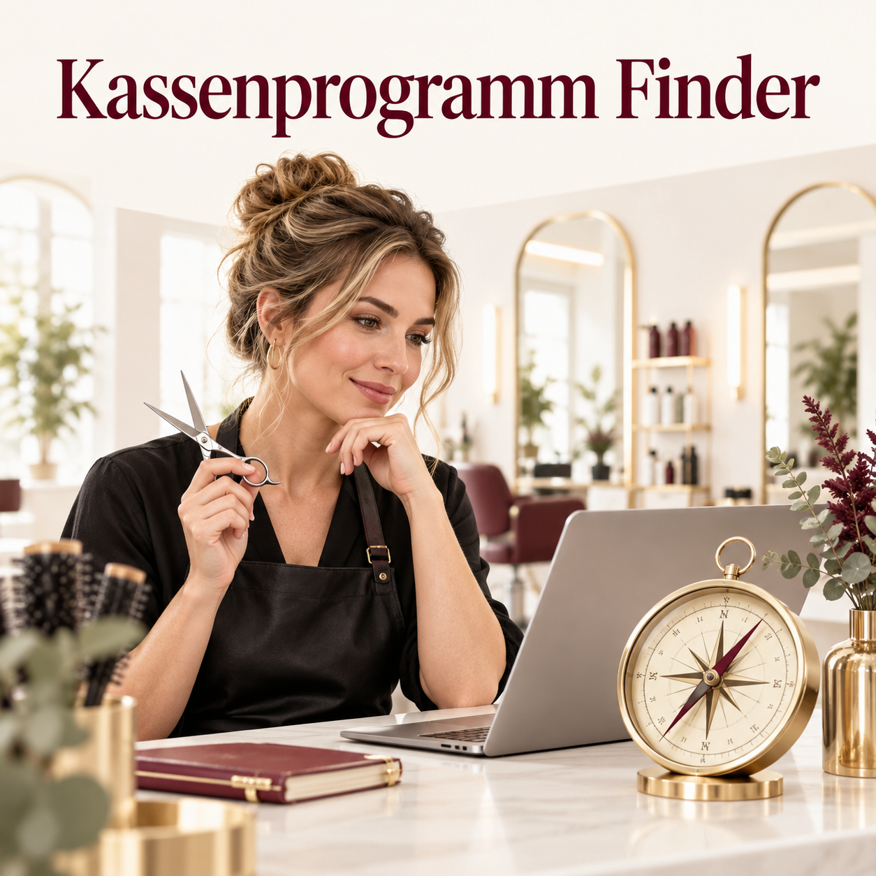 Friseurin im hellen Salon mit Schere, Laptop und Kompass für die Softwareauswahl