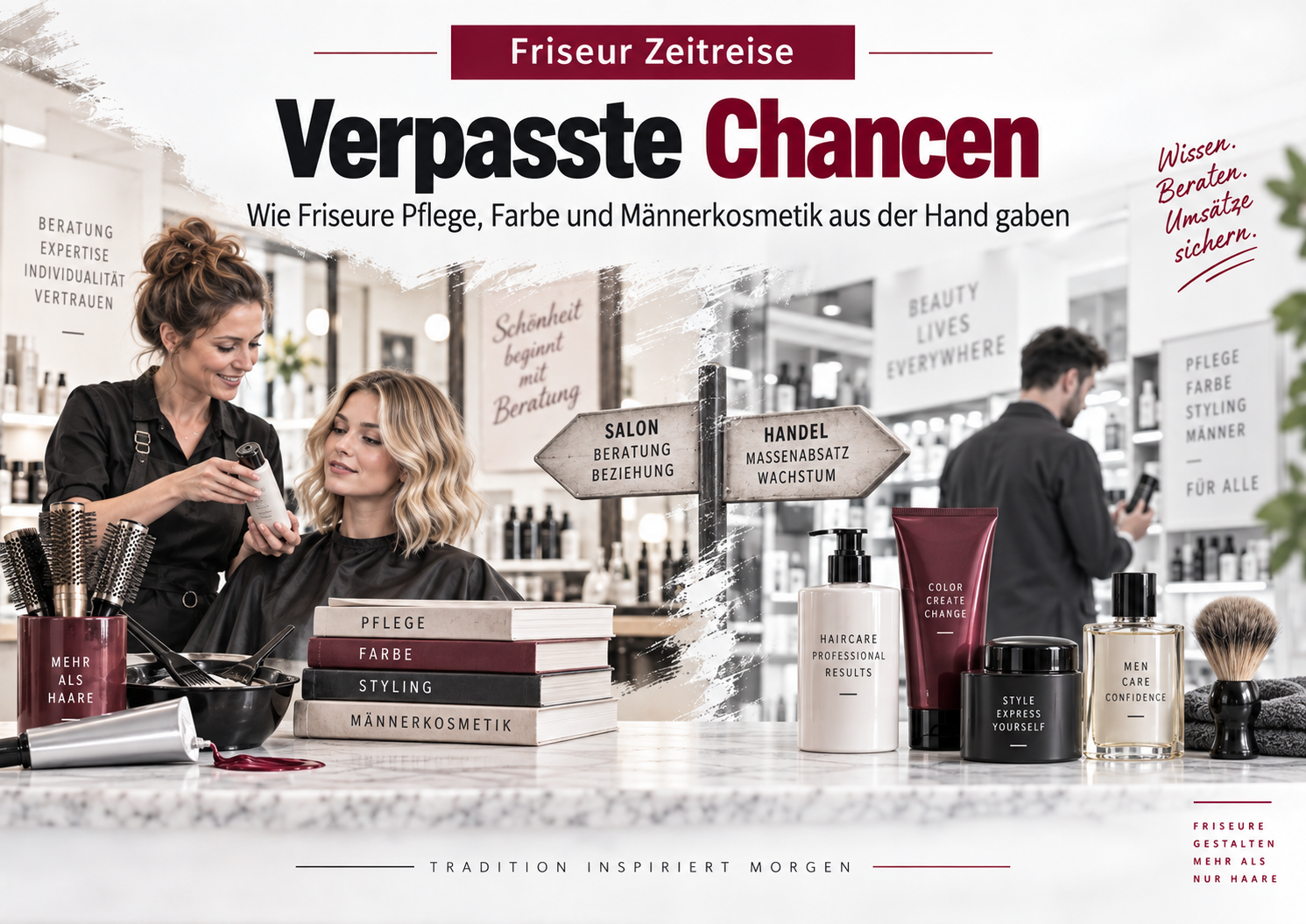 Friseurin berät eine Kundin zu Pflegeprodukten; daneben Farbe, Styling und Männerkosmetik