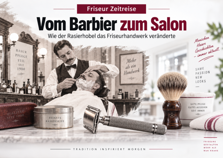 Historischer Barbier bei der Rasur neben Rasierhobel und modernen Rasierutensilien