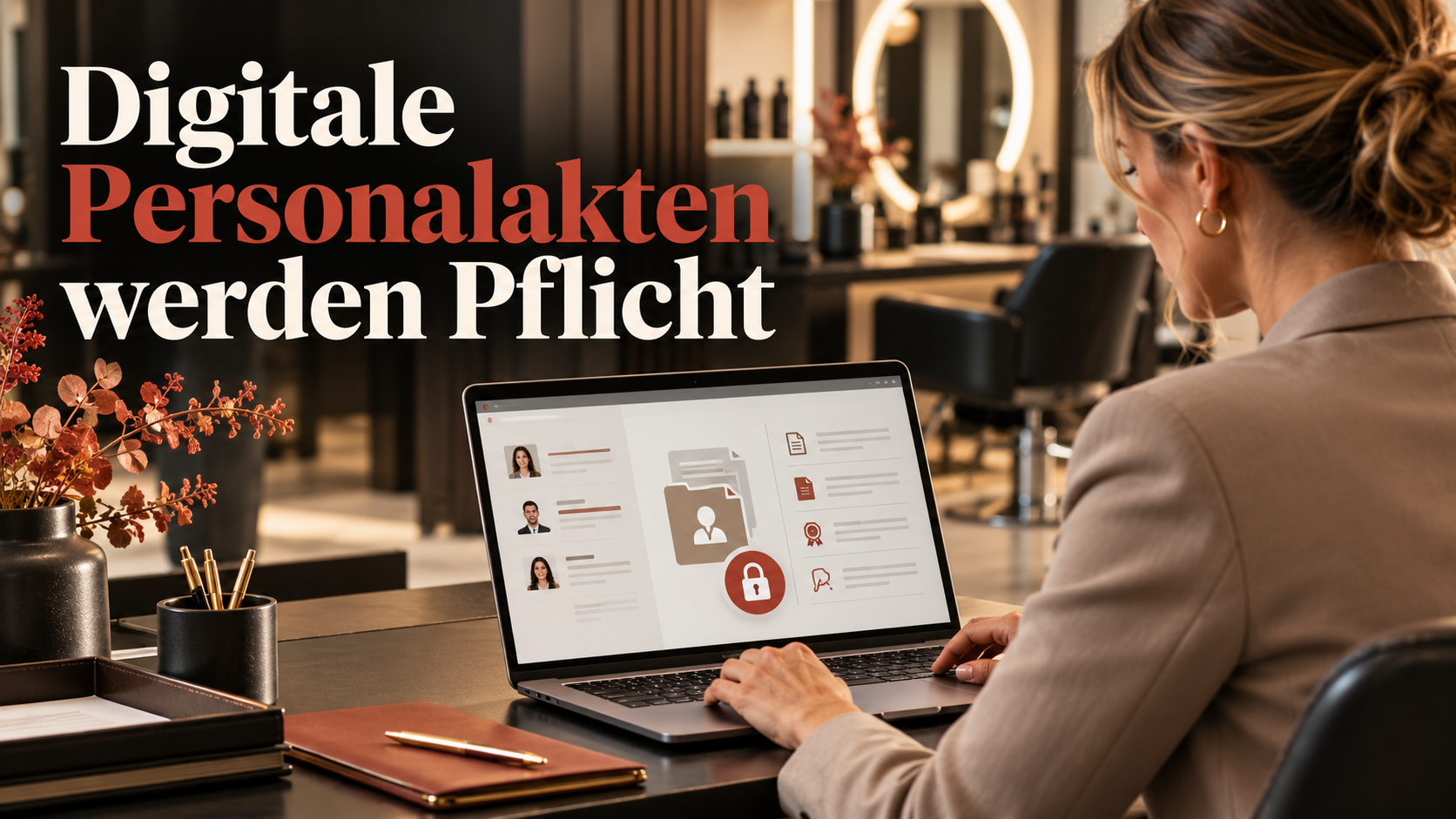Digitale Personalakten werden Pflicht – Salonmanagerin arbeitet am geschützten digitalen Personalakten-System.